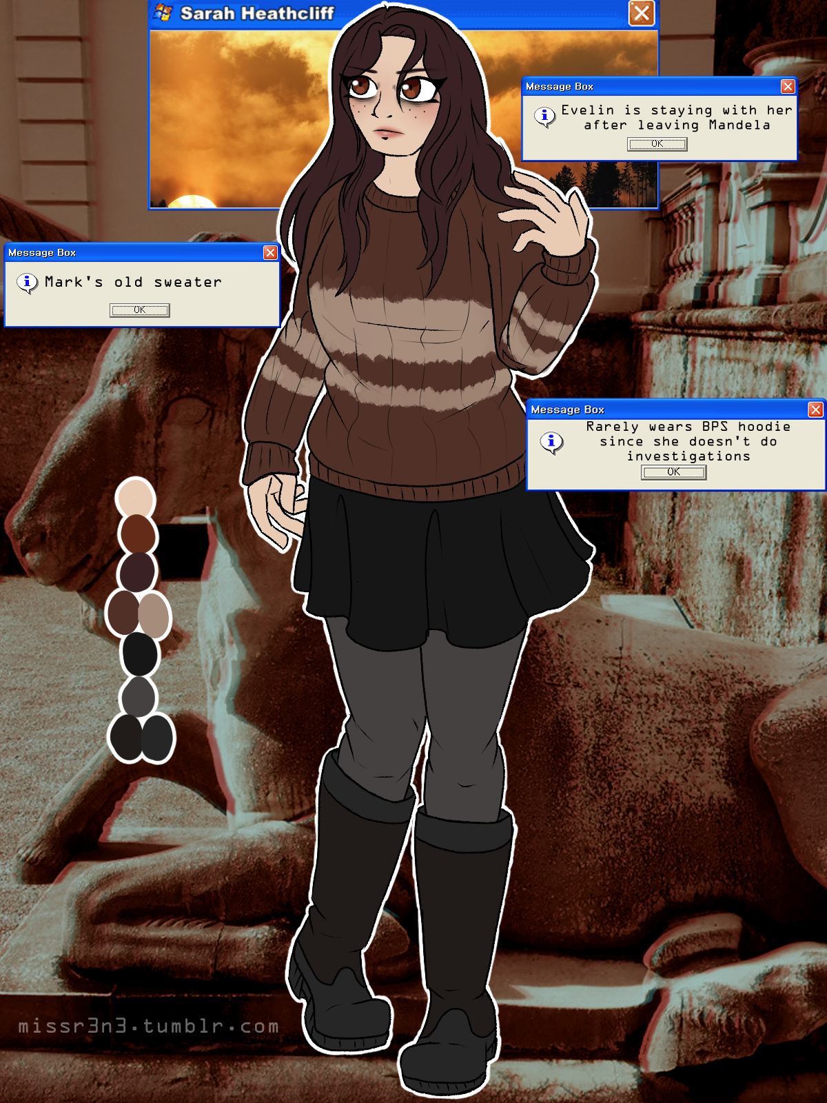 sarah heathcliff in a knitted sweater and skater skirt in front of a glitching statue of a unicorn